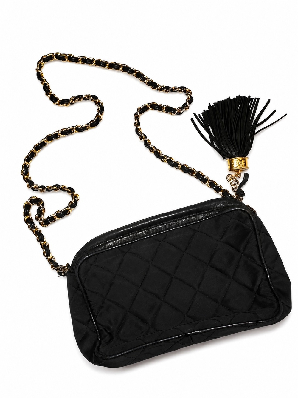 1980s Vintage CHANEL black satin quilted evening/camera bag w/ gold chain strap